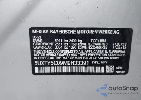 2021 BMW X3 xDrive30I z USA, uszkodzony, nr VIN 5UXTY5C09M9H33391